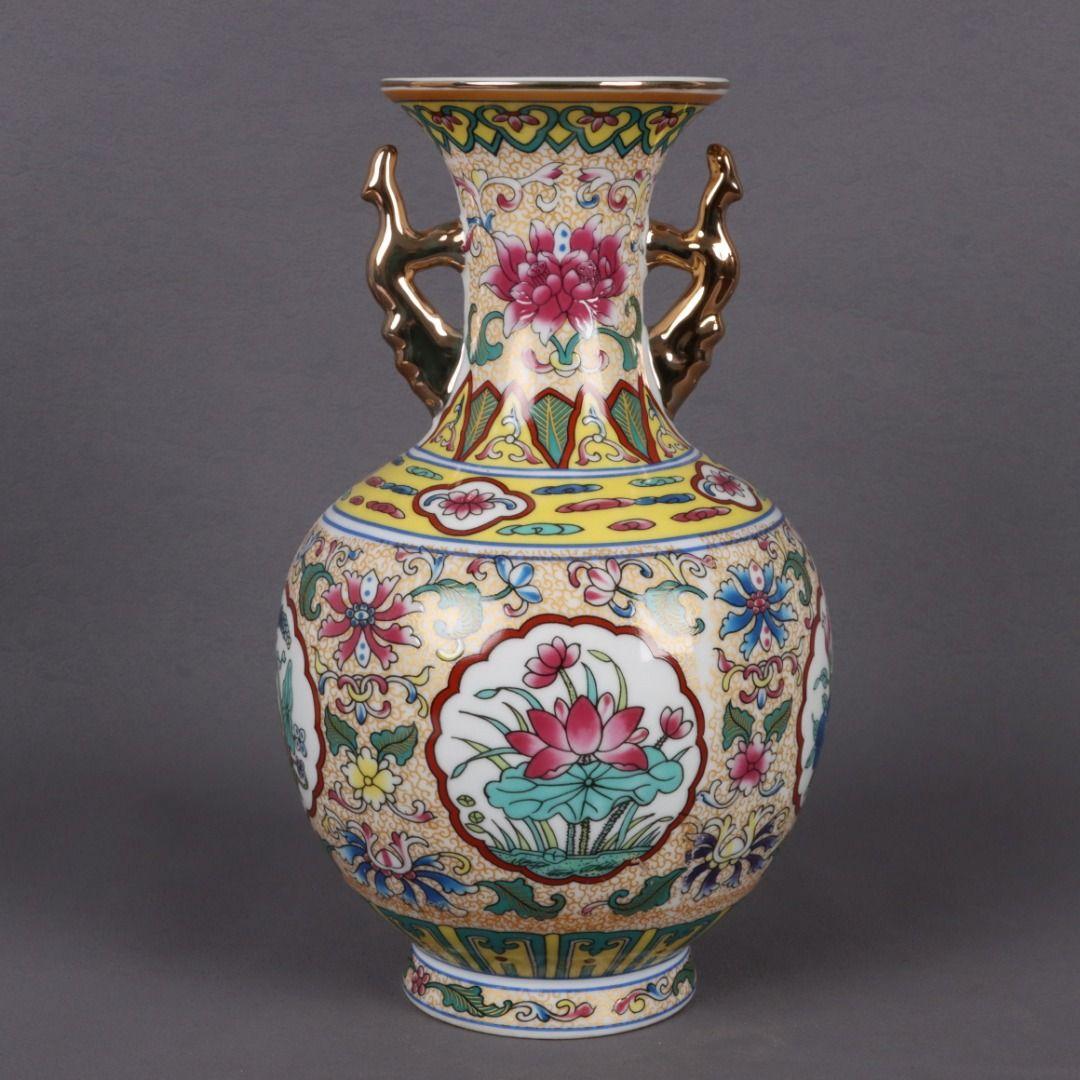 大清乾隆琺瑯彩四季瓜果双耳瓶磁花瓶 景徳鎮 陶磁器 装飾品 現代工芸品美術品置物