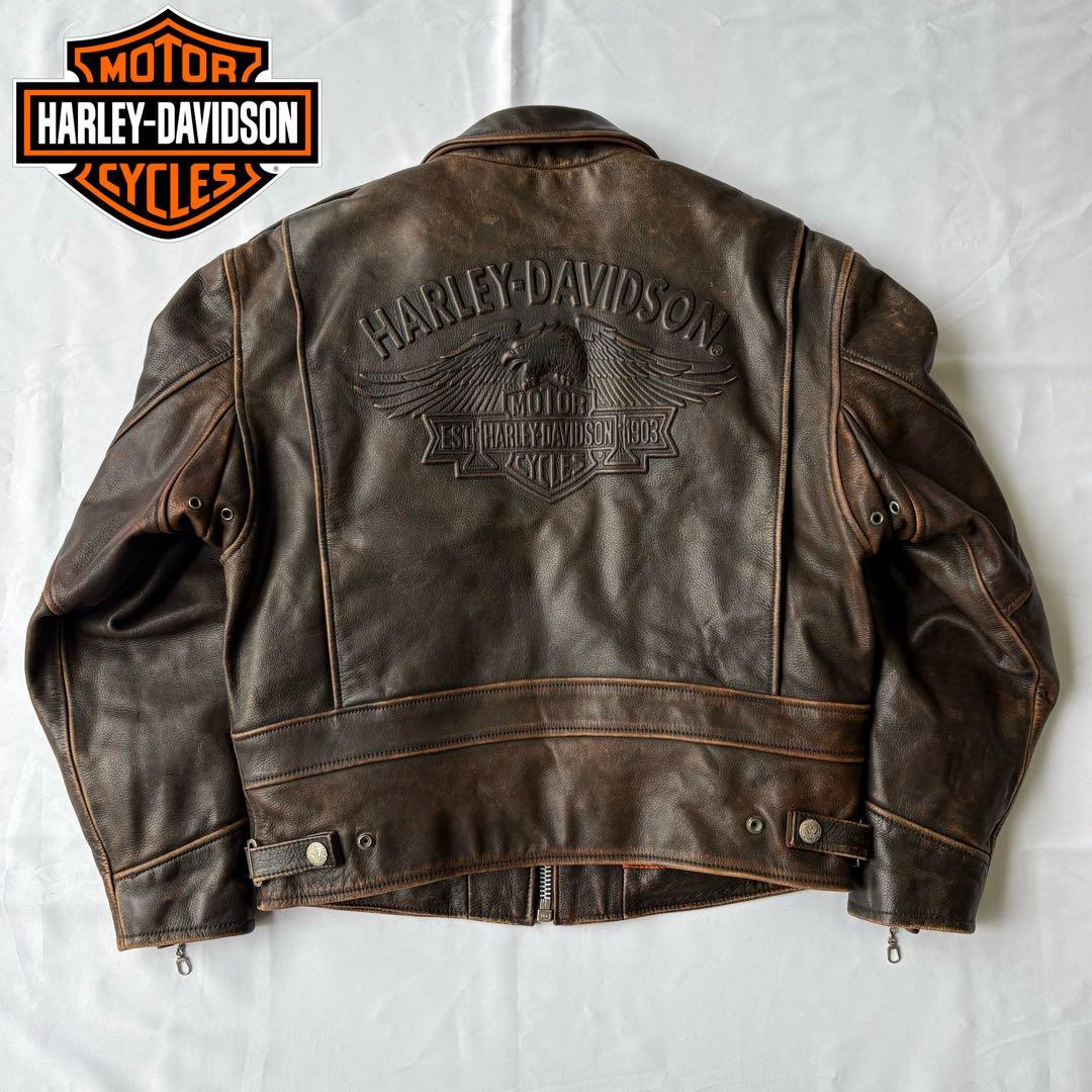 Harley-Davidson ブラウン エンボスロゴ レザージャケット M