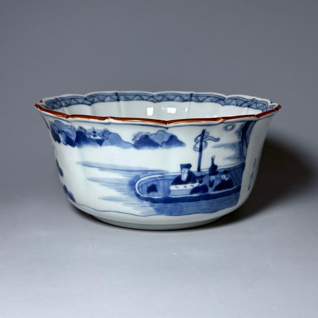 古伊万里 染付賢人漢詩輪花形中鉢 五点 赤壁賦 蘇軾 直径16.1cm 極上鉢