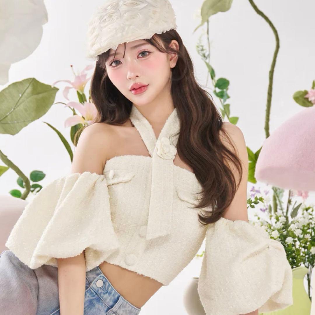 ホルターネックオフショルツイードトップス　ホワイト