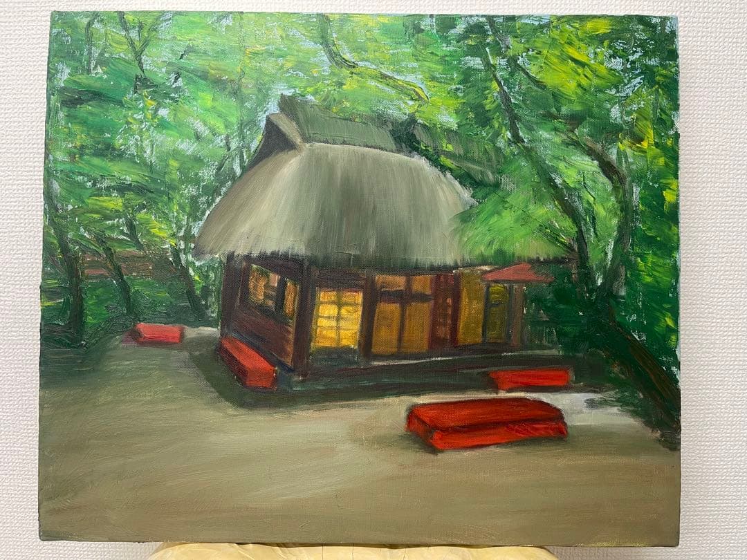 油彩画 自然の風景 茅葺き屋根