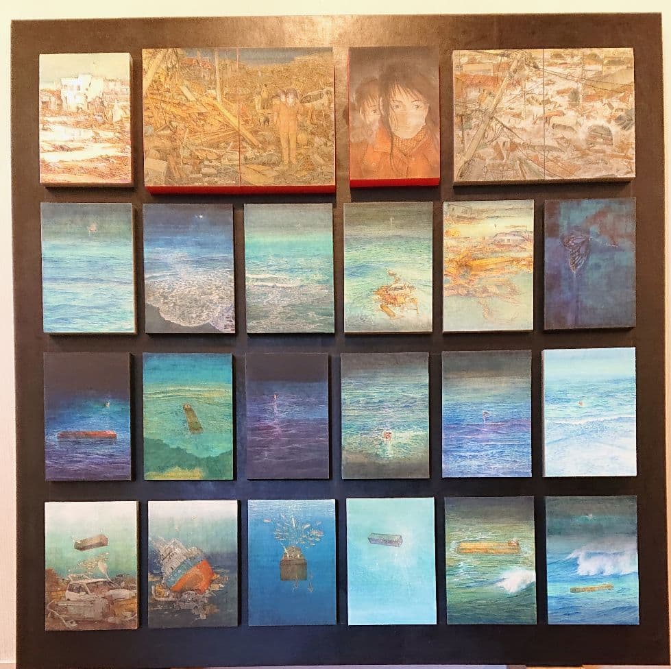 日本画家堤進の平面ポップアート 作品 。ミクストメディア「迷蝶・棺一基」