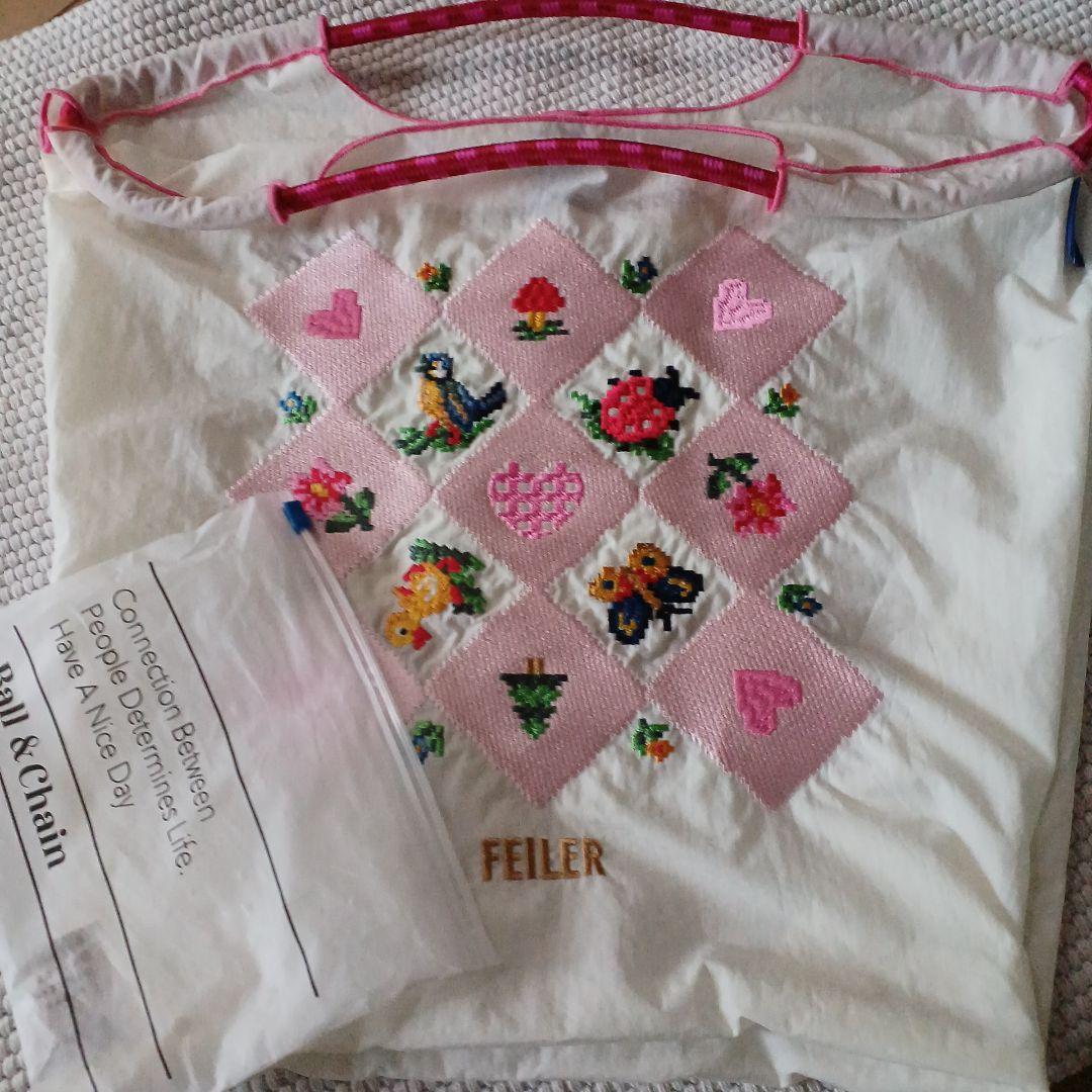 【新品未使用】FEILER 刺繍エコバッグ ホワイト ピンク