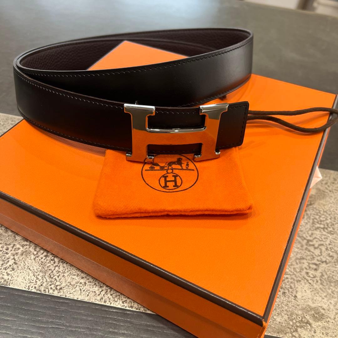 HERMES ブラックレザーベルト H型バックル HERMES（エルメス） ベルト メンズ ブランド H バックル リバーシブル