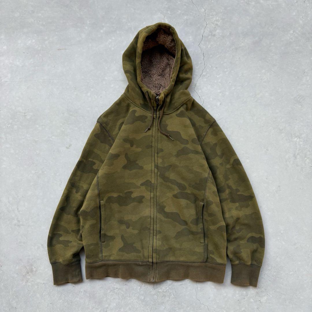 00s OLD UNIQLO 迷彩　ジップパーカー　裏ボア　短丈　Y2K