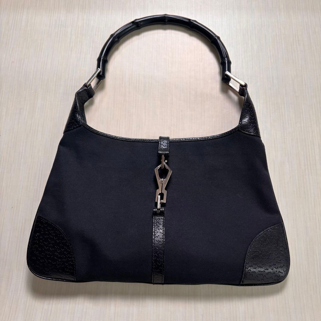 希少品GUCCI バンブーショルダー バッグハンドル キャンバス ブラック