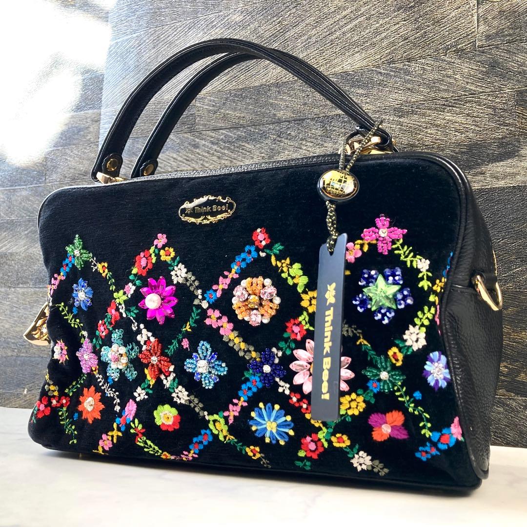 極美品 シンクビー ハンドバッグ ビーズ 花 ベロア 黒 レザー