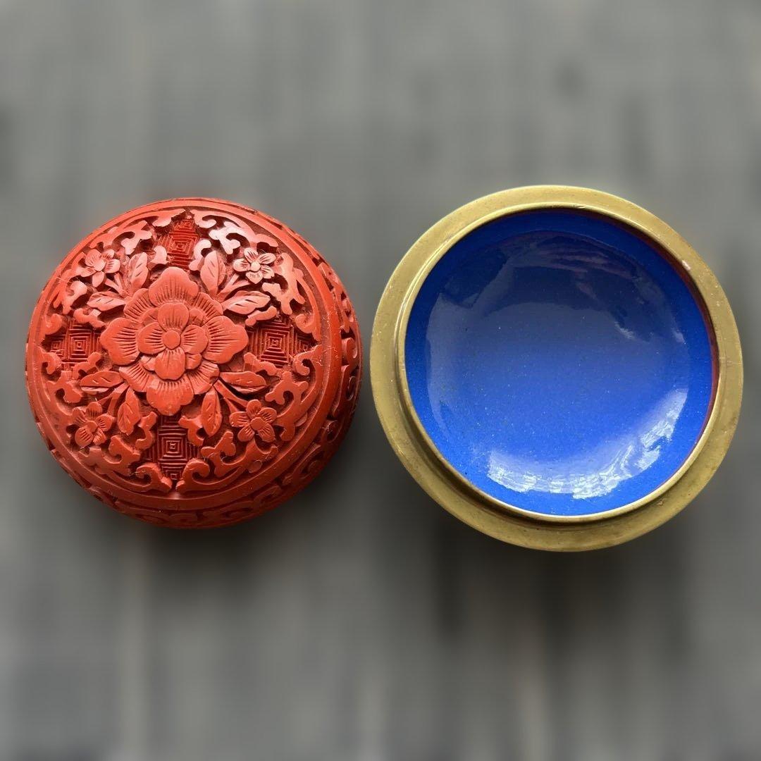 中国骨董旧蔵【民国時代銅胎彫漆堆朱内七宝香合】高級厚重希少珍貴細工精密彫刻牡丹図