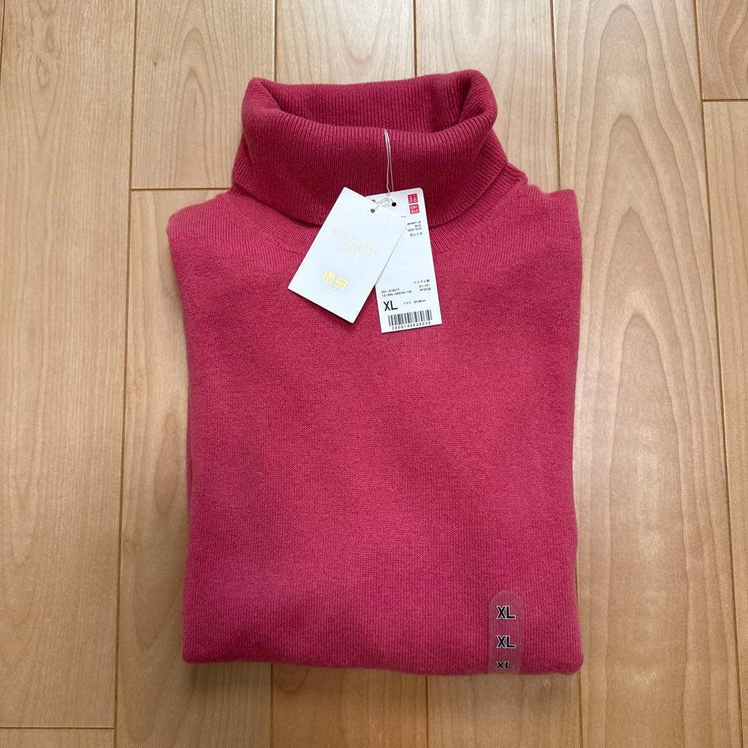 新品タグ付ユニクロUNIQLO カシミヤタートルネックセーター XL ピンク