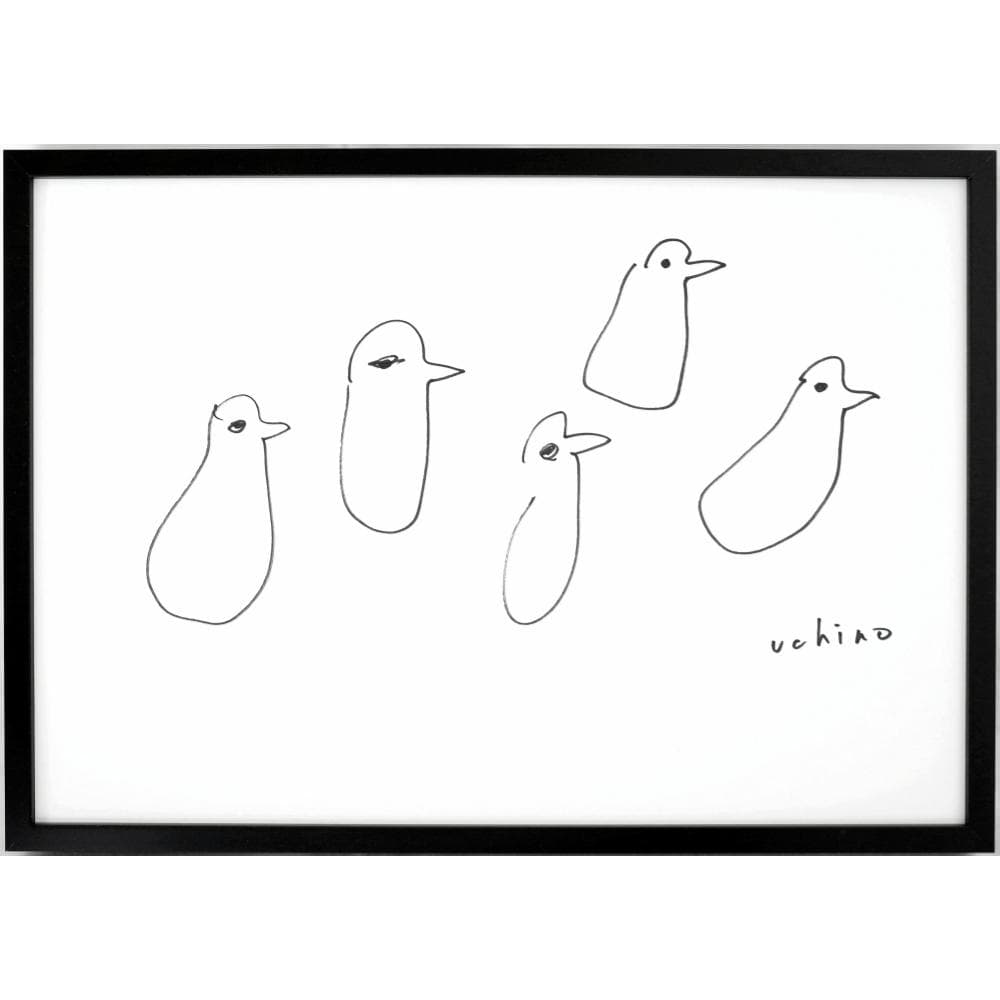 内野隆文　とりのマーチ　鳥　絵画　ドローイング　ペン画　現代アート　額縁　真作