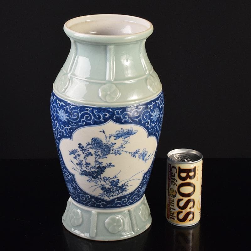 瀬戸焼　古瀬戸　青磁染付　四君子文　花瓶　高さ約30㎝　D　R7683B 瀬戸焼 古瀬戸 青磁染付 四君子文 花瓶 高さ約30㎝ D