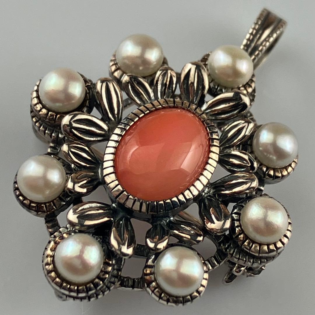 碌山 ロクザン サンゴ コーラルペンダントトップ/ブローチ パール Ag925