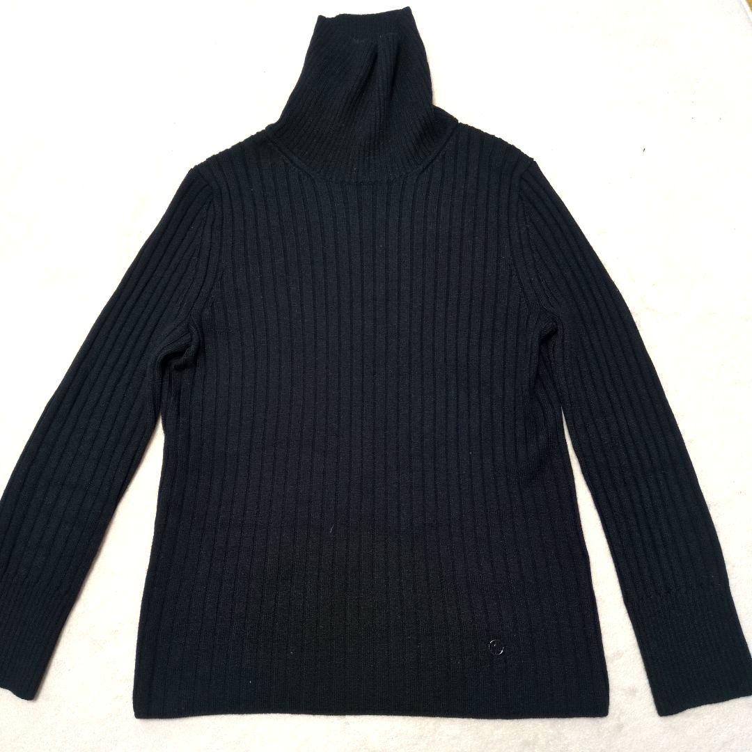 濃紺 ネイビー リブ編み タートルネック セーター ニット イタリア製糸 ウール