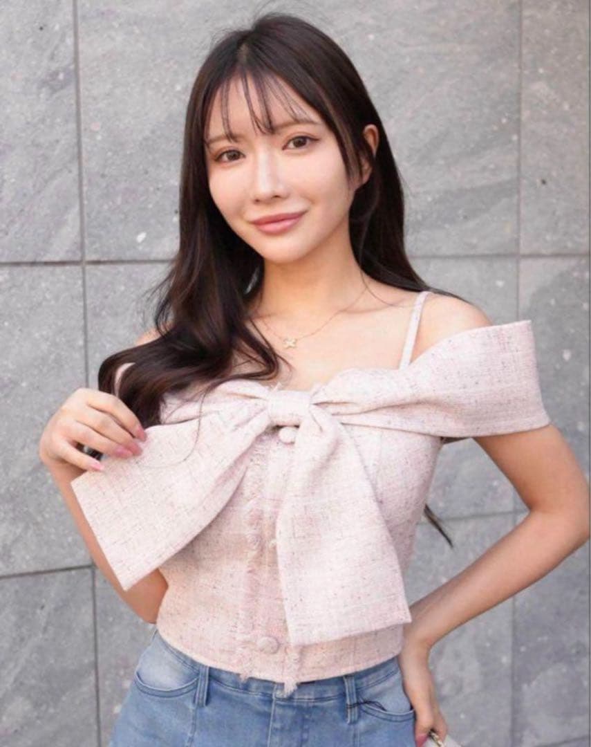 リップサービス ツイード オフショルリボン トップス