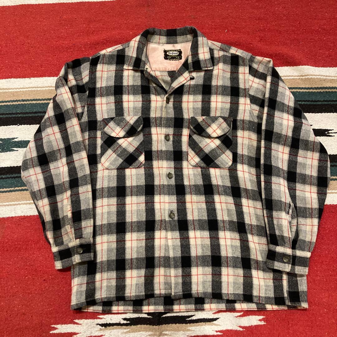 50s 60s オープンカラー 開襟 ボードシャツ チェック シャツ ウール