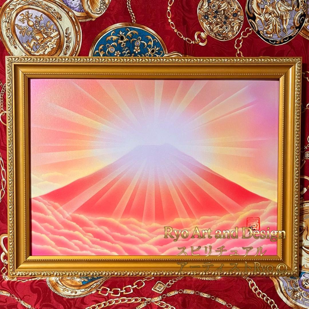 富士山絵画｜ピンク強めダイヤモンド赤富士八二判額縁 風水金運恋愛運安産祈願