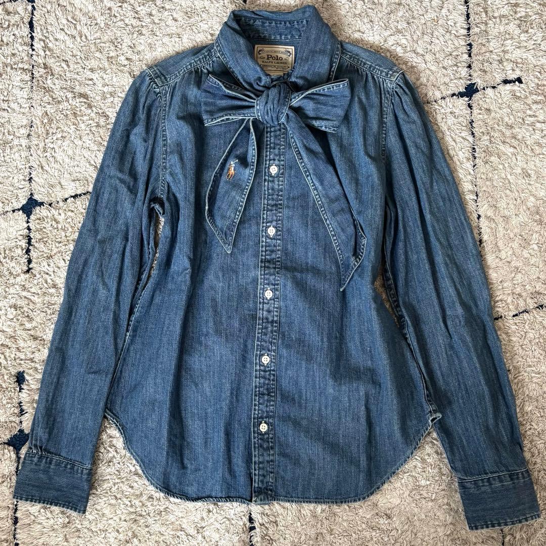 【極美品✨】ポロラルフローレン　シャツ　ボウタイ　ポニー刺繍　インディゴ　８