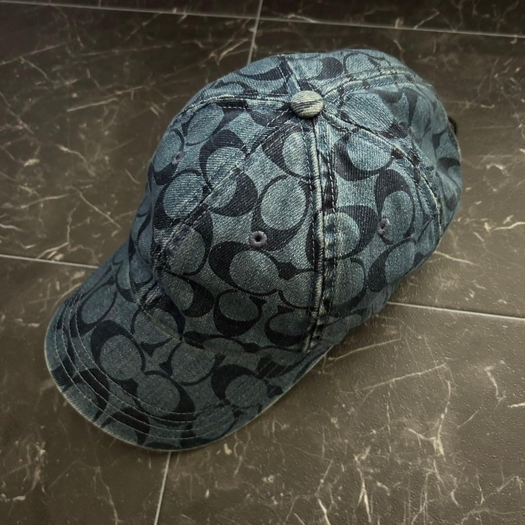 COACH（コーチ）シグネチャーキャップ＊帽子＊デニムブルー＊レザー COACH】コーチ デニム レザー シグネチャー ベースボール キャップ