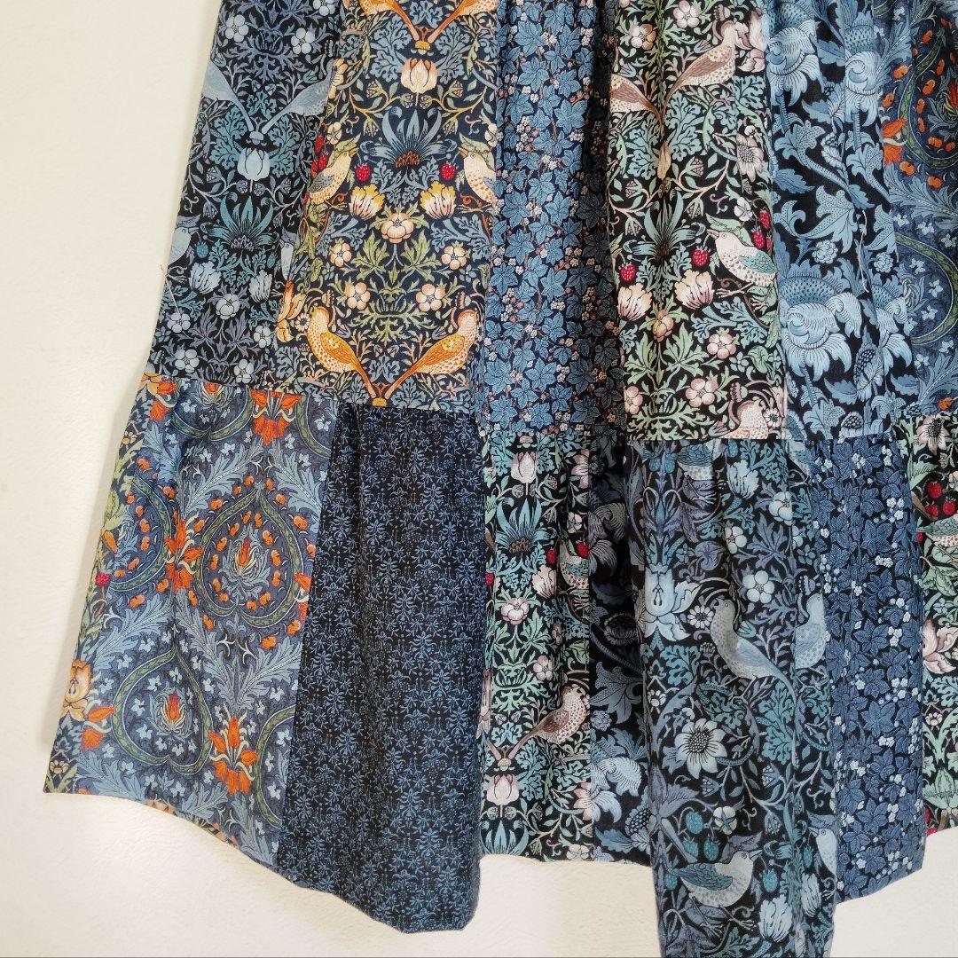 handmadeウィリアムモリスパッチワークティアードスカートfree紺