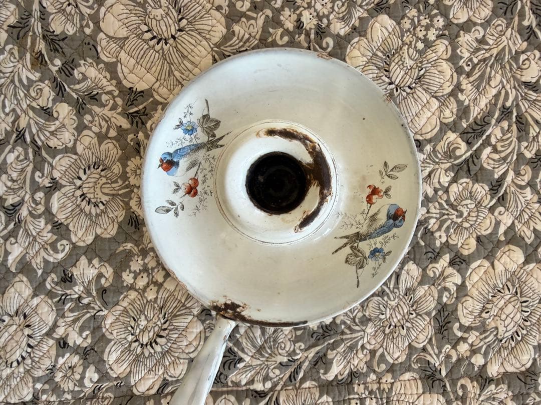 激レアフランスアンティーク花とツバメのハンドペイントのホーローキャンドルホルダー