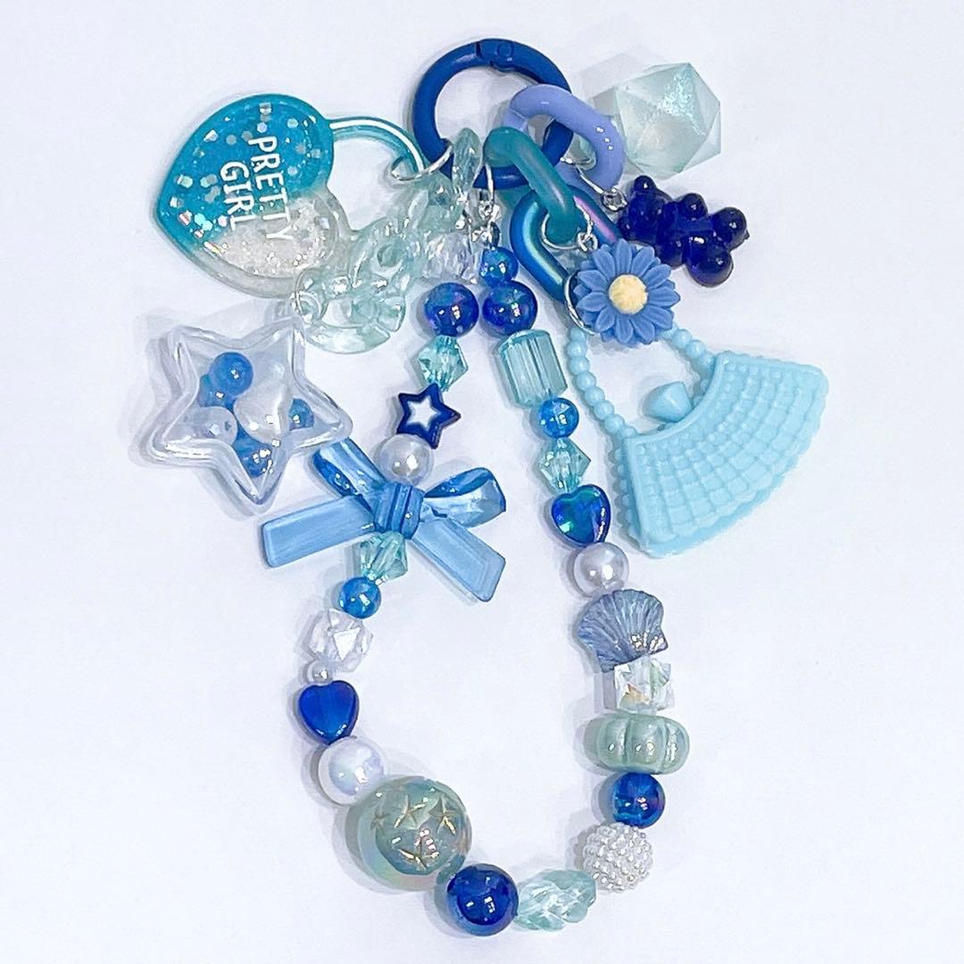ビーズストラップ 青 水色 スマホストラップ 携帯ストラップ - メルカリ