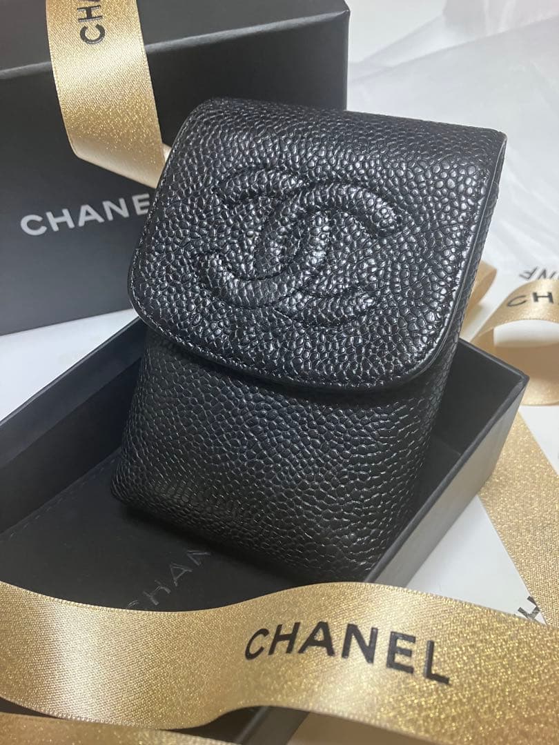 美品CHANEL キャビアスキン シガレットケース ブラック正規品 小物入正規品