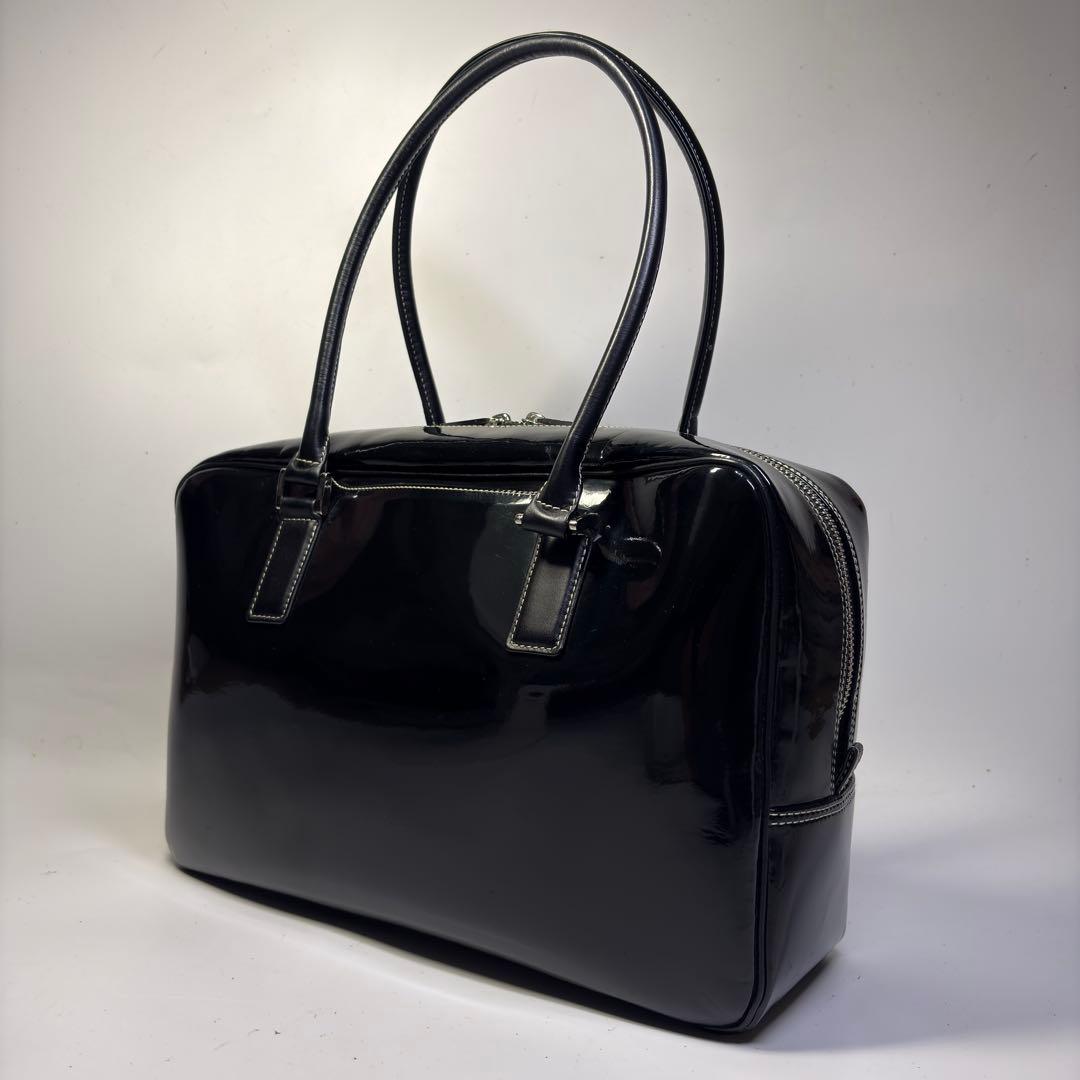 極美品濱野 ハマノ ハンドバッグ セレブボストン エナメル加工 肩掛けブラック
