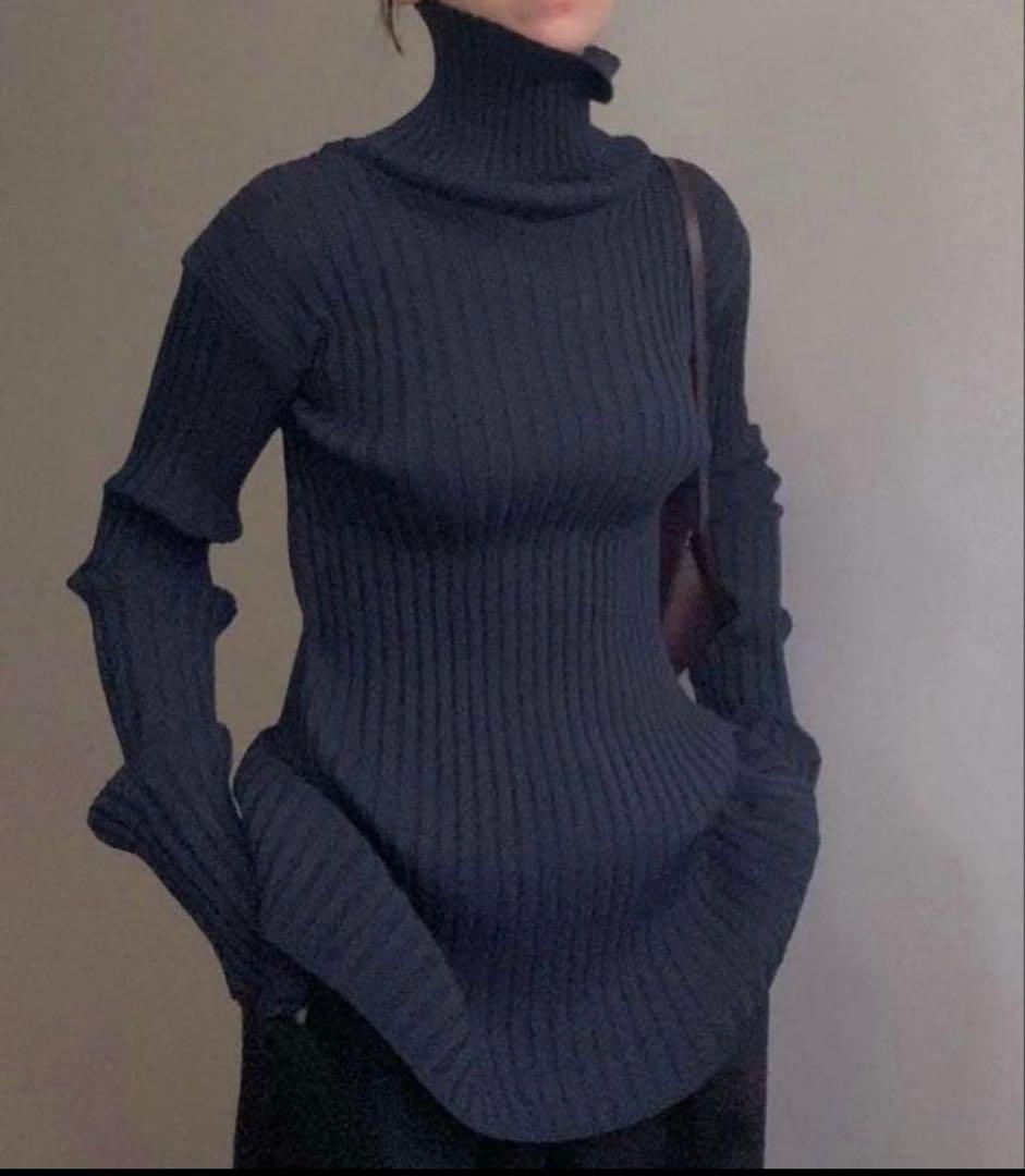 イロット　IIROT ワイドリブ　ネイビー　タートルネックセーター