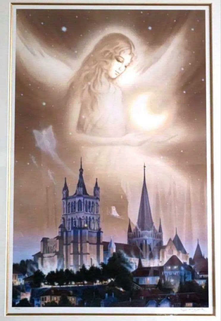 塚本馨三シ ルクスクリーン版画「ムーンファンタジー」 額縁証明書付