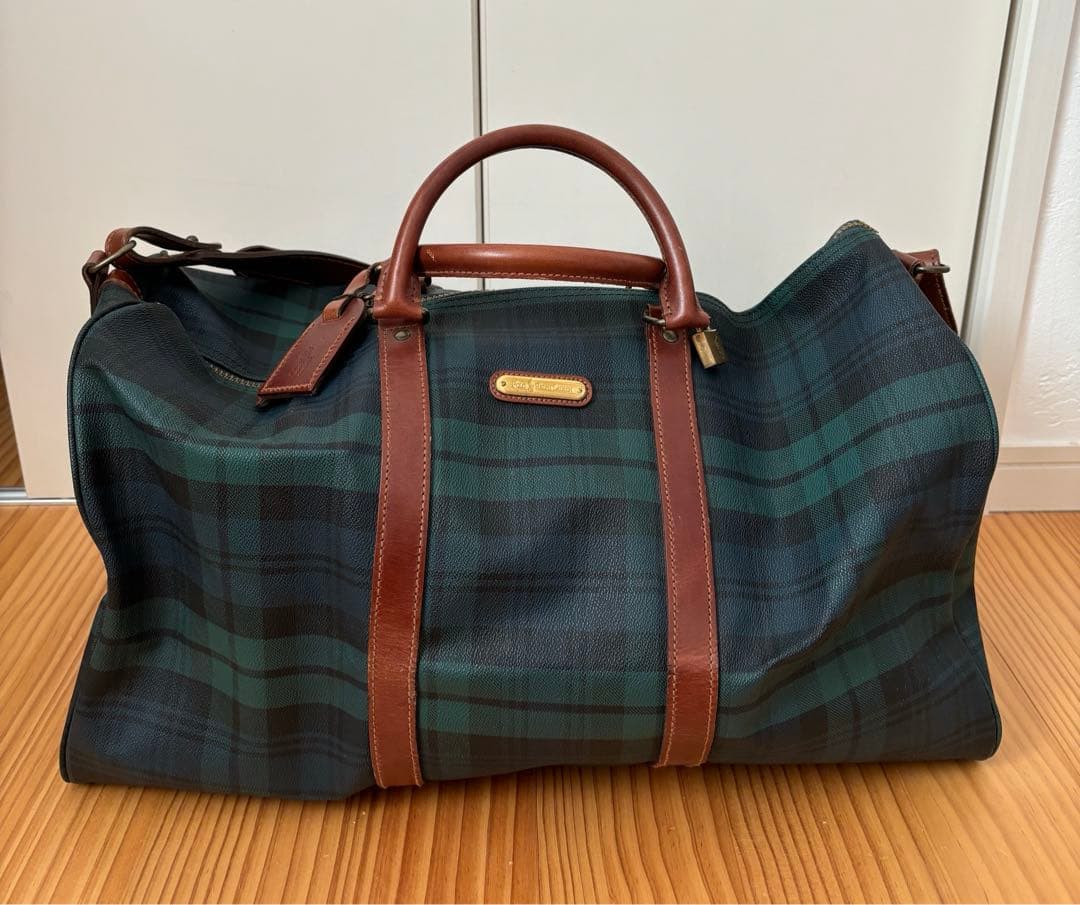 ポロラルフローレン! ボストンバッグ ダークグリーン チェック柄　大容量　鍵付き