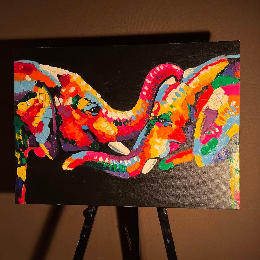手書き油絵 七色の象 絵画 インテリア 油彩画