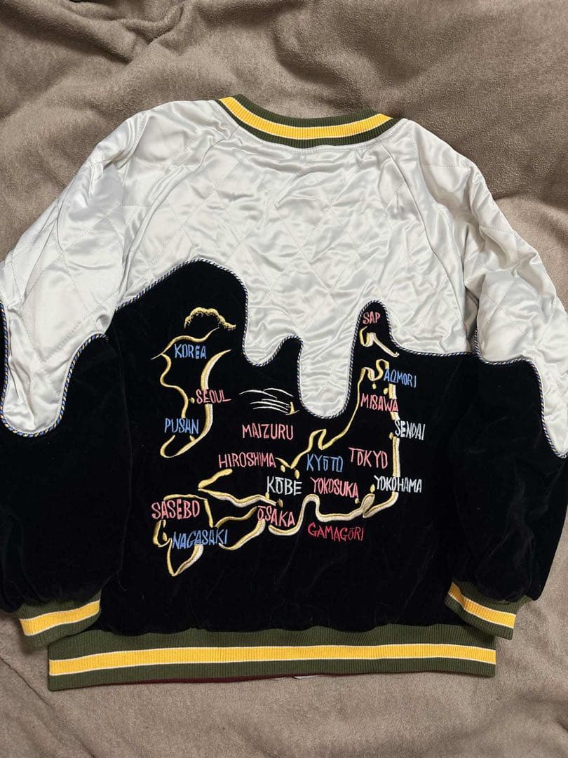 ２面用 未使用 別珍 日本地図 鶴 スカジャン unisex 美品 サテン