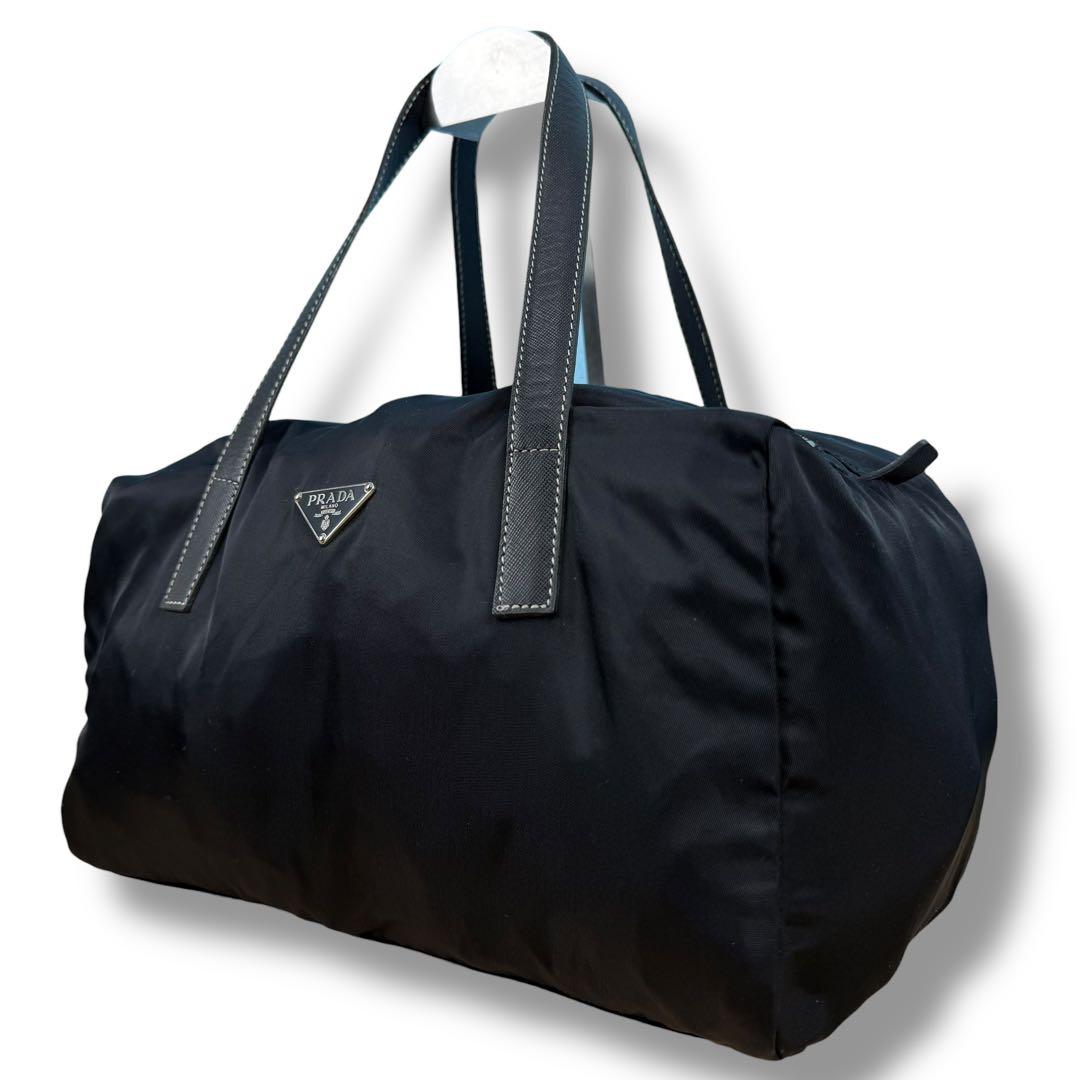【美品】PRADA プラダ ミニボストン ナイロン サフィアーノ 三角ロゴ 黒