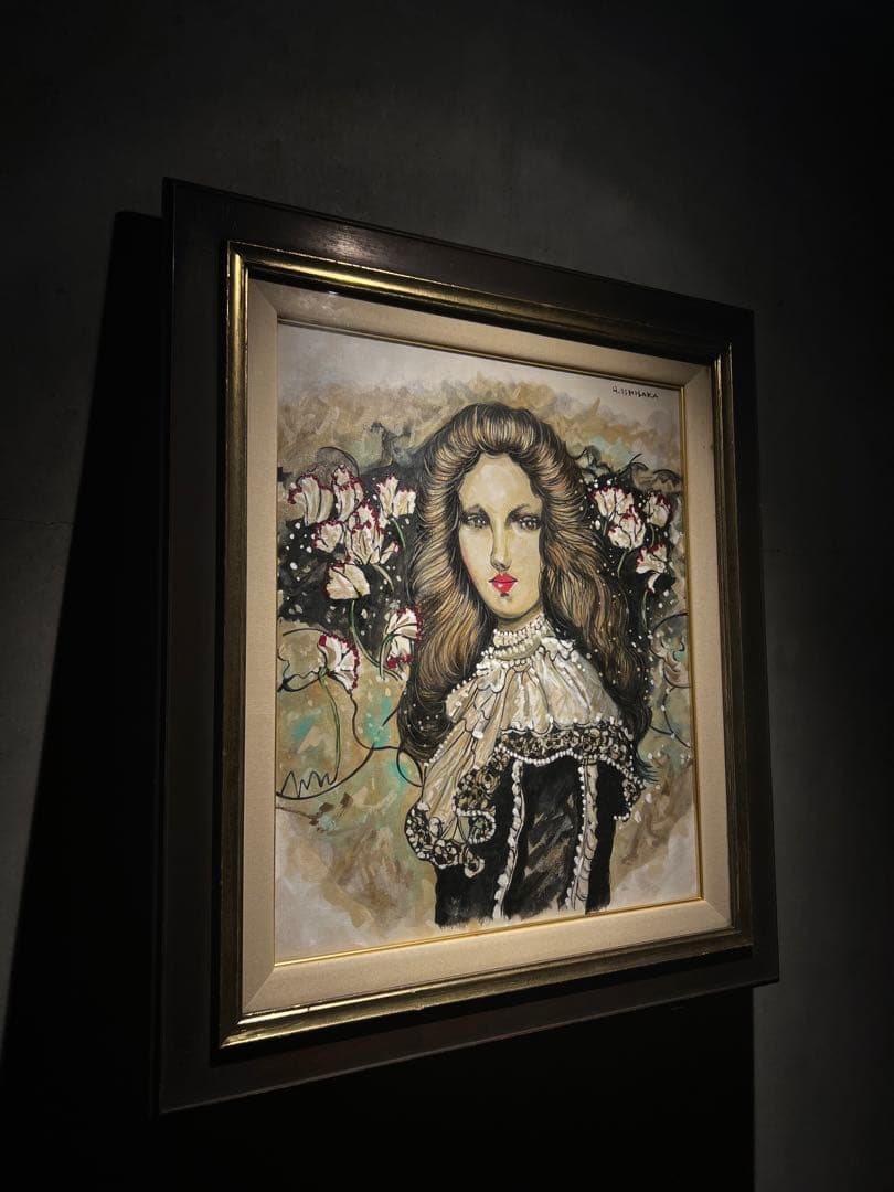 石阪春生　油彩画　シクラメンの花 『女の居る風景』 石阪春生 油彩画 シクラメンの花 『女の居る風景』