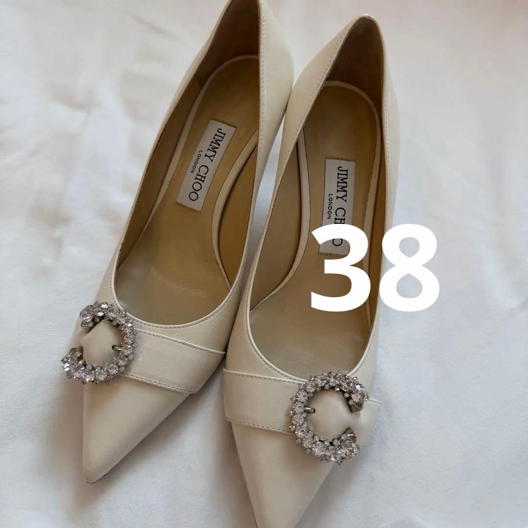 美品 ジミーチュウ クリスタルバックル レザー ポインテッドトゥパンプス 38 JIMMY CHOO - JIMMY CHOO クリスタルポインテッドトゥパンプス 38の