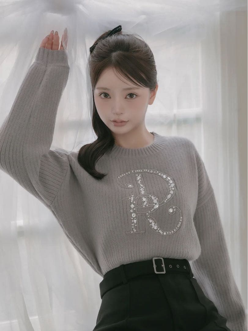 Darich ダーリッチ DRビジューボリュームリブニット トップスグレー