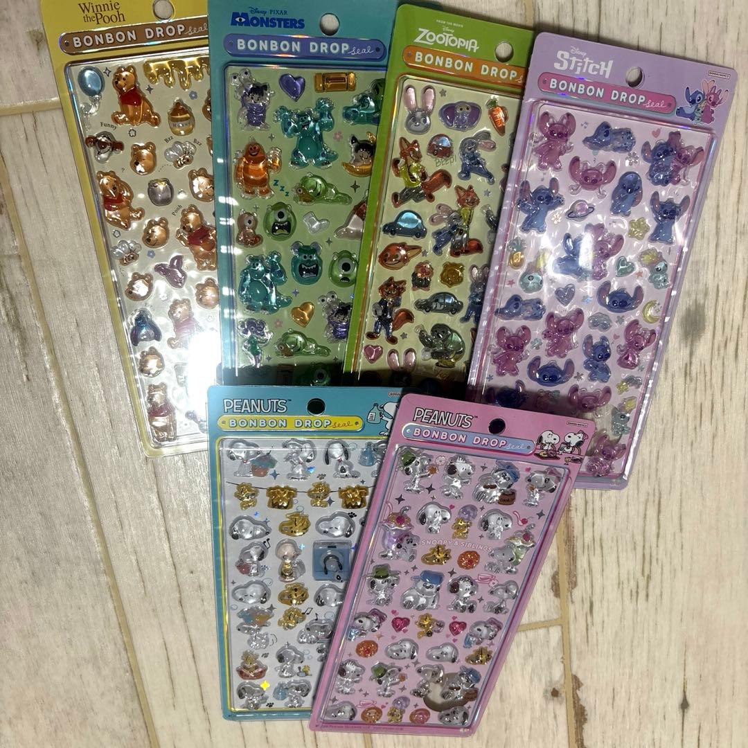 公式　ポンポンドロップシール ディズニー&スヌーピー　6枚セット サンスター文具 スヌーピー BONBON DROP SEAL ボンボンドロップシール