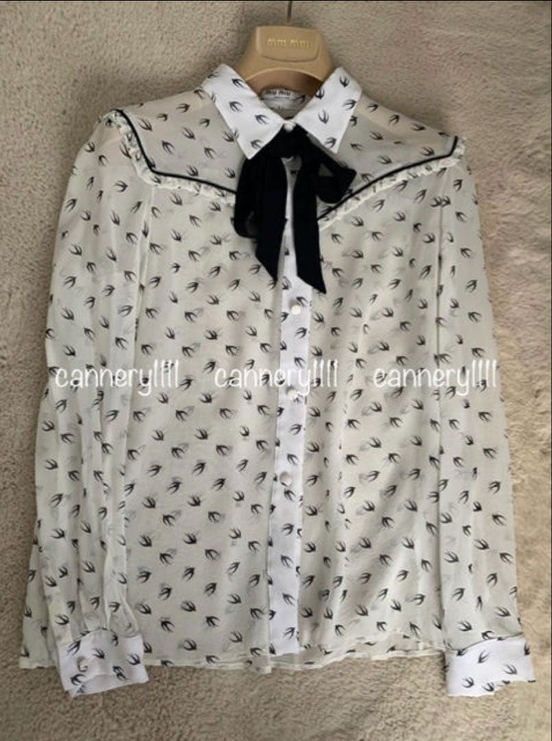 正規品 miumiu ツバメ スワロー総柄 リボンタイ 長袖シルクシャツ