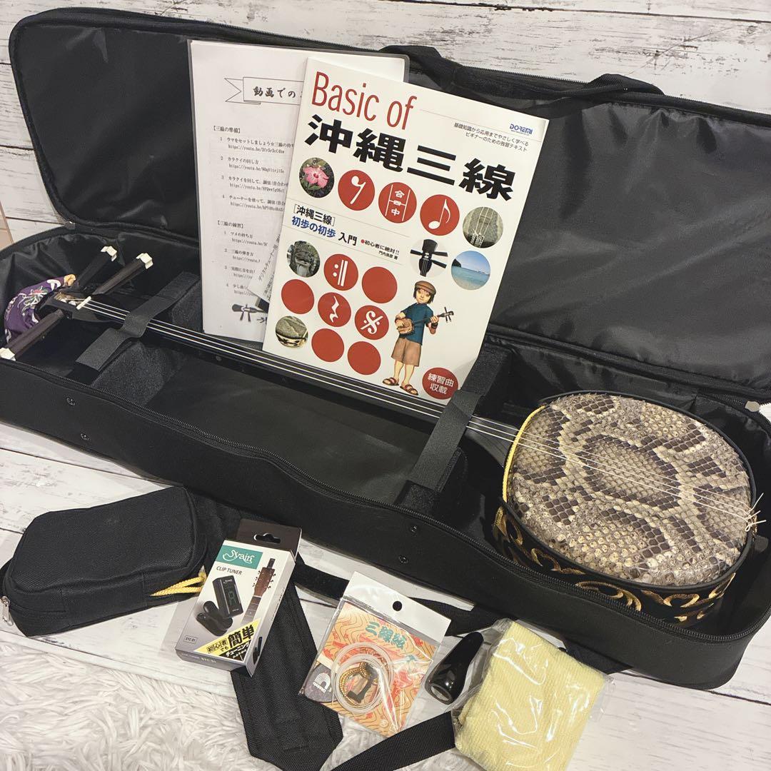 沖縄三線 本皮 蛇皮 ソフトケース付き 爪 小物あり