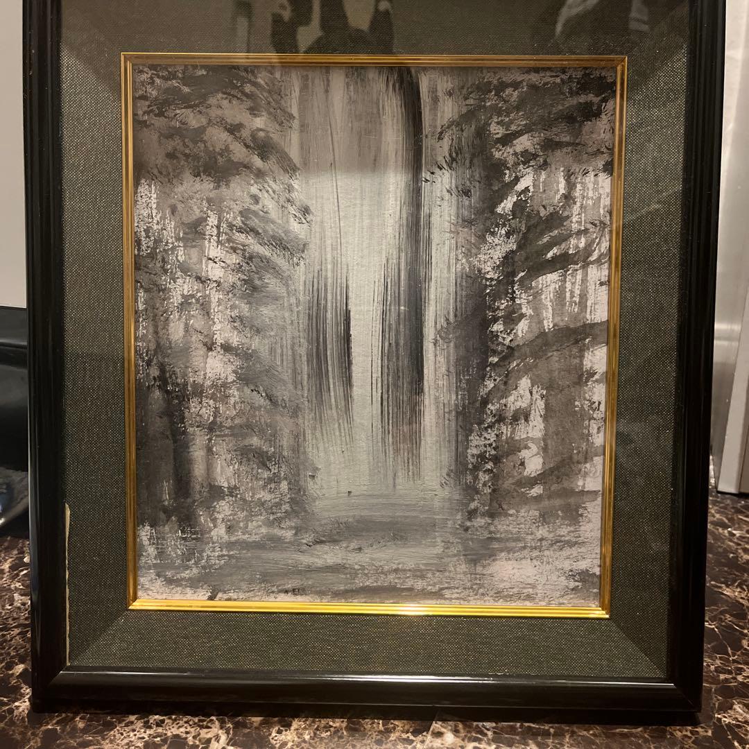 日本画 滝と森林 モノクロ40✖️27額なし