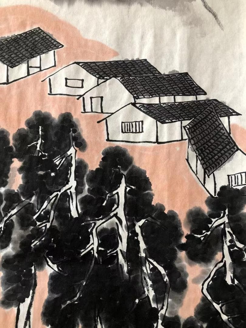 中国美術・純手描き四連山水画芯・水墨画・斉白石印款・肉筆・宣紙