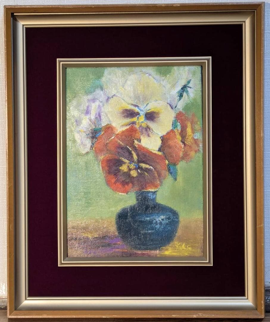 【真作】絵画　山内正一　油彩4号　パンジー　花瓶の花　静物画　希少　Z7