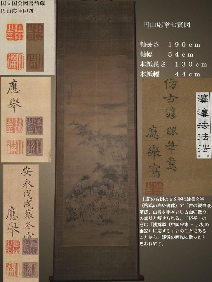 円山応挙七賢図（真作）応挙独特な写実的で宋時代の水墨画のエッセンスを体現した逸品