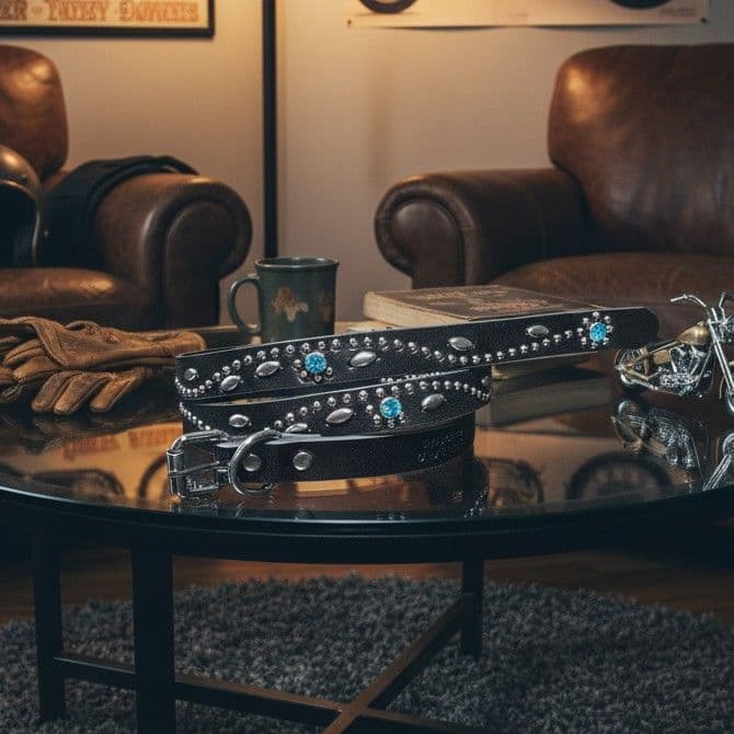 フラワー青■本革レザーフルスタッズナローベルト☆シルバーアクアマリンフローラル