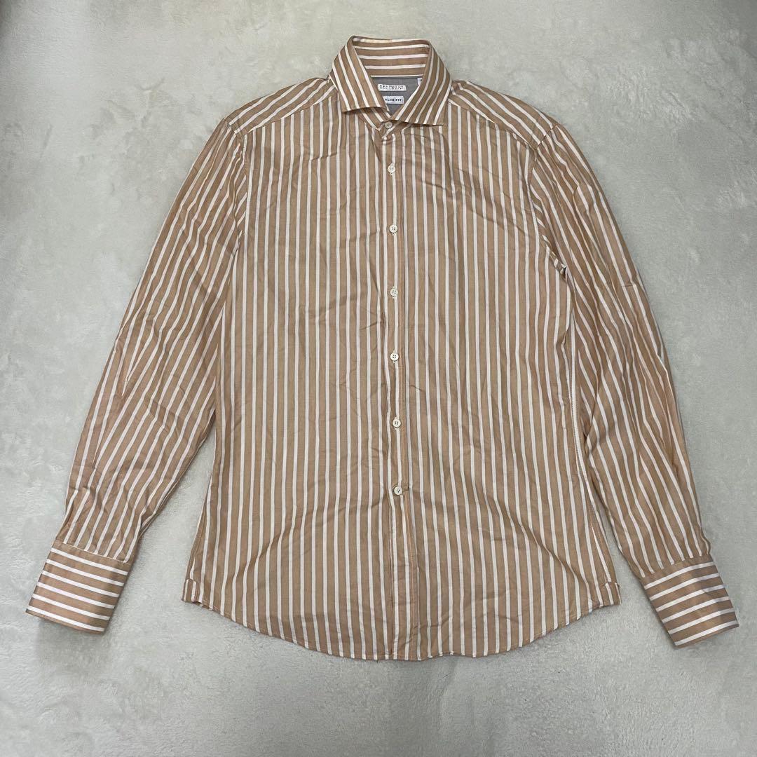 ブルネロクチネリ ストライプシャツ スリムフィット ライトブラウン コットン S メンズ 向け ネイビーブルー ポプリン ストライプ シャツ | Brunello
