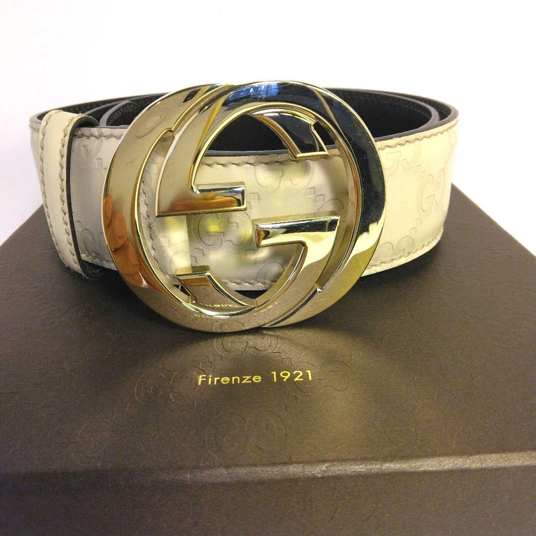 GUCCI　シマインターロッキング レザー 　GGロゴバックル ベルト ホワイト