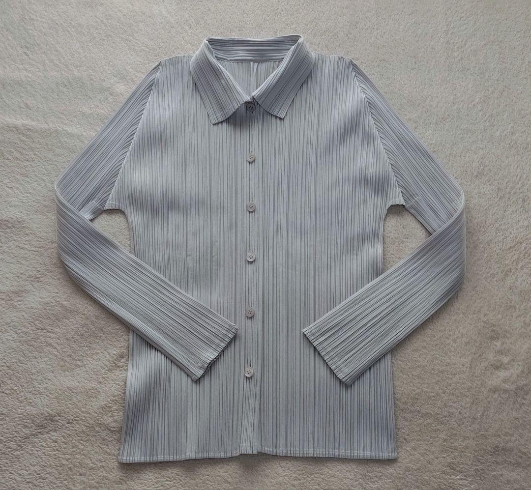 PLEATS PLEASE★プリーツプリーズ長袖シャツブラウス3シルバーホワイト
