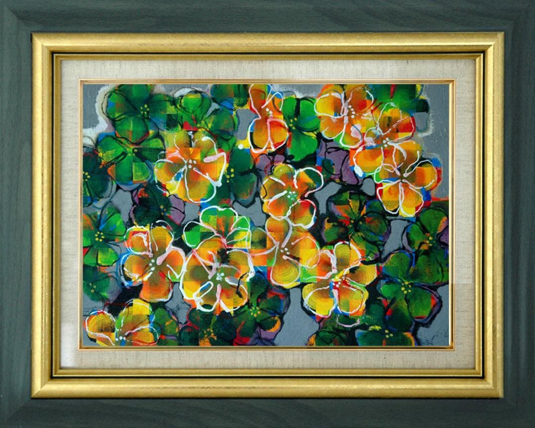 油絵 菅家令子 絵 絵画インテリア額付(青緑＋金色の枠) F4-091616 花