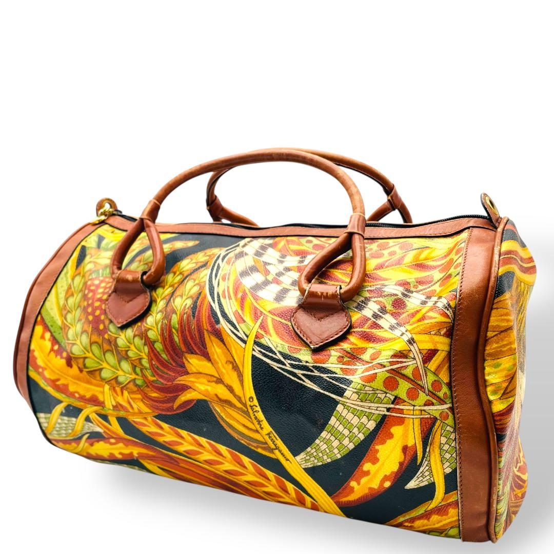 良品 Ferragamo ボストンバッグ PVC ボタニカル 2way 花柄
