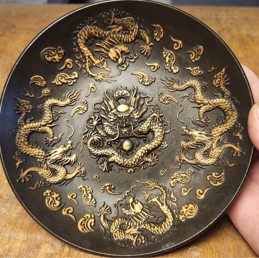 清代乾隆年製紫銅招き龍盤 置物実心銅皿